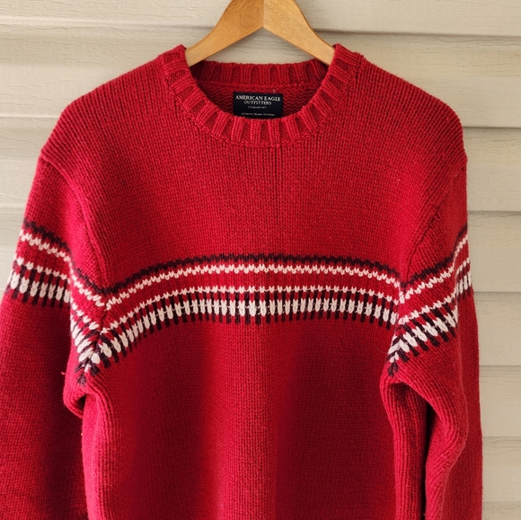 Vintage American Eagle red wool sweater fair isle - Picture 2 of 10